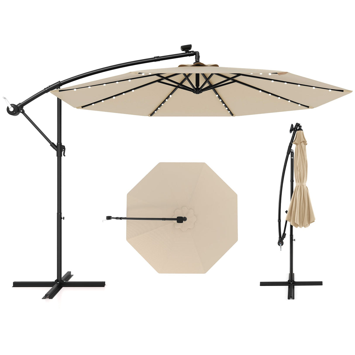 10 Feet Solar Offset Hanging Umbrella with 40 Lamp Beads and Solar Panel-Beige by DirectDeals