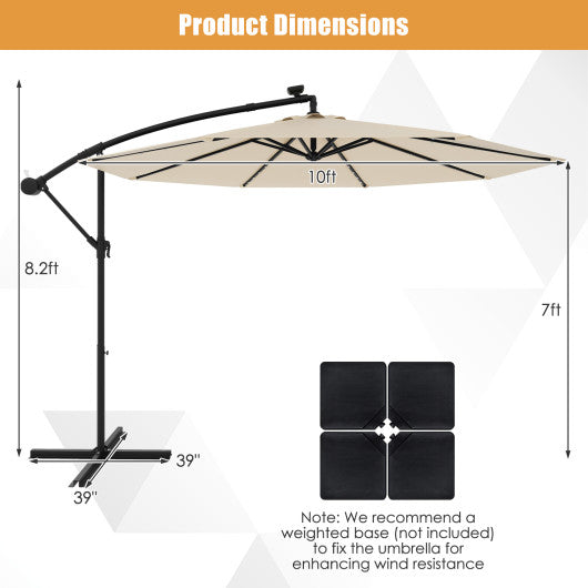 10 Feet Solar Offset Hanging Umbrella with 40 Lamp Beads and Solar Panel-Beige