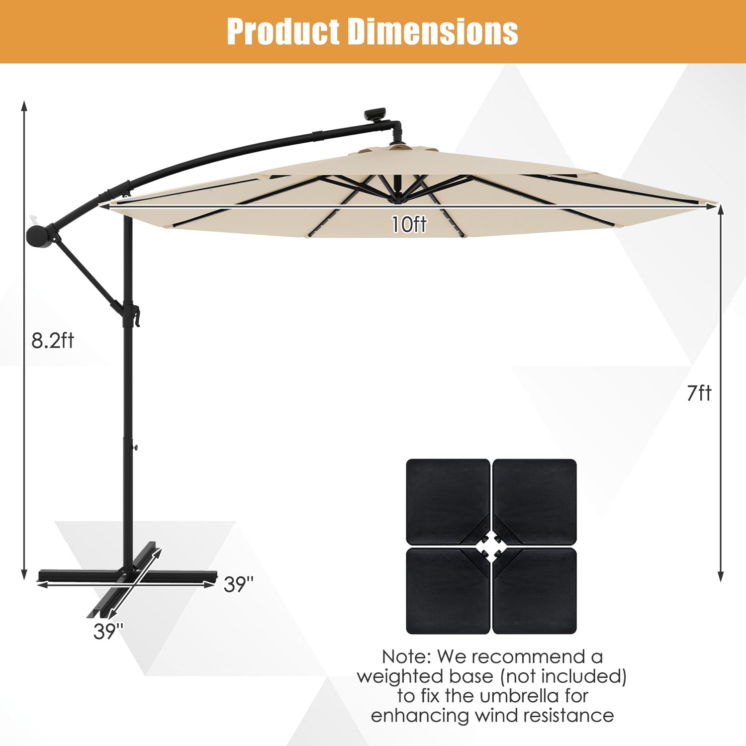 10 Feet Solar Offset Hanging Umbrella with 40 Lamp Beads and Solar Panel-Beige by DirectDeals