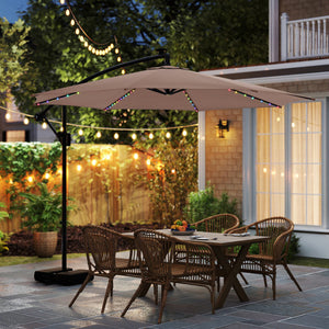 10 Feet Solar Offset Hanging Umbrella with Base and LED Lights-Coffee