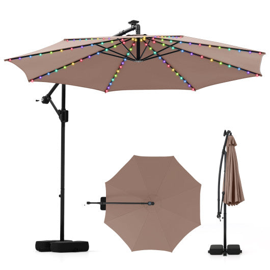 10 Feet Solar Offset Hanging Umbrella with Base and LED Lights-Coffee