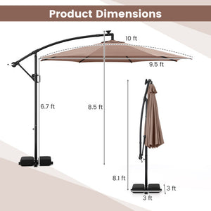 10 Feet Solar Offset Hanging Umbrella with Base and LED Lights-Coffee
