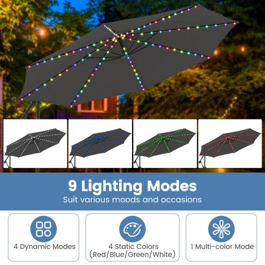 10 Feet Solar Offset Hanging Umbrella with Base and LED Lights-Coffee