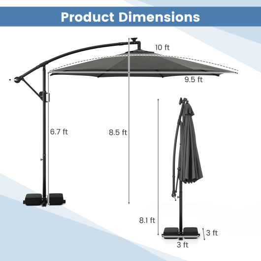 10 Feet Solar Offset Hanging Umbrella with Base and LED Lights-Gray