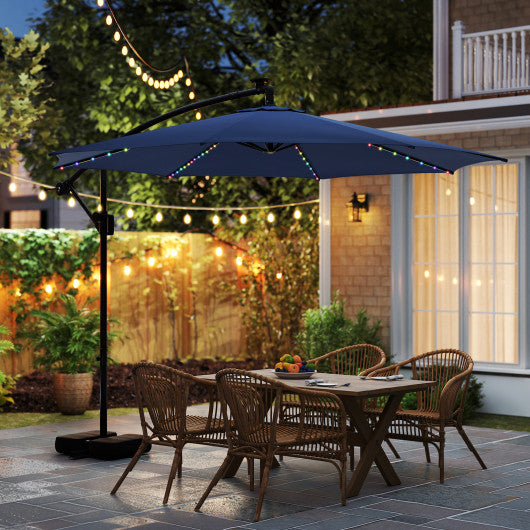 10 Feet Solar Offset Hanging Umbrella with Base and LED Lights-Navy