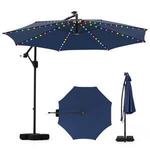 10 Feet Solar Offset Hanging Umbrella with Base and LED Lights-Navy