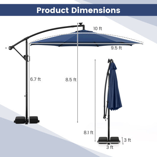 10 Feet Solar Offset Hanging Umbrella with Base and LED Lights-Navy