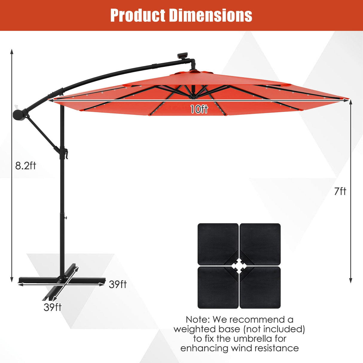 10 Feet Solar Offset Hanging Umbrella with 40 Lamp Beads and Solar Panel-Orange by DirectDeals