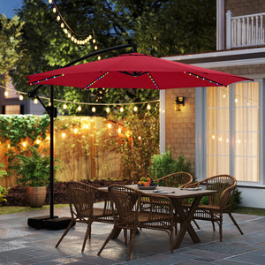 10 Feet Solar Offset Hanging Umbrella with Base and LED Lights-Red by DirectDeals