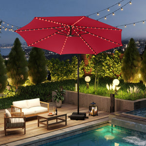 10 Feet Solar Offset Hanging Umbrella with Base and LED Lights-Red