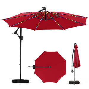 10 Feet Solar Offset Hanging Umbrella with Base and LED Lights-Red by DirectDeals