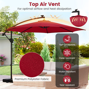 10 Feet Solar Offset Hanging Umbrella with Base and LED Lights-Red
