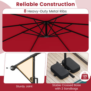 10 Feet Solar Offset Hanging Umbrella with Base and LED Lights-Red by DirectDeals