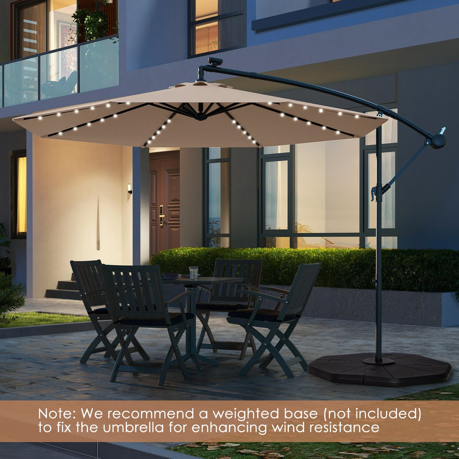 10 Feet Solar Offset Hanging Umbrella with 40 Lamp Beads and Solar Panel-Tan by DirectDeals