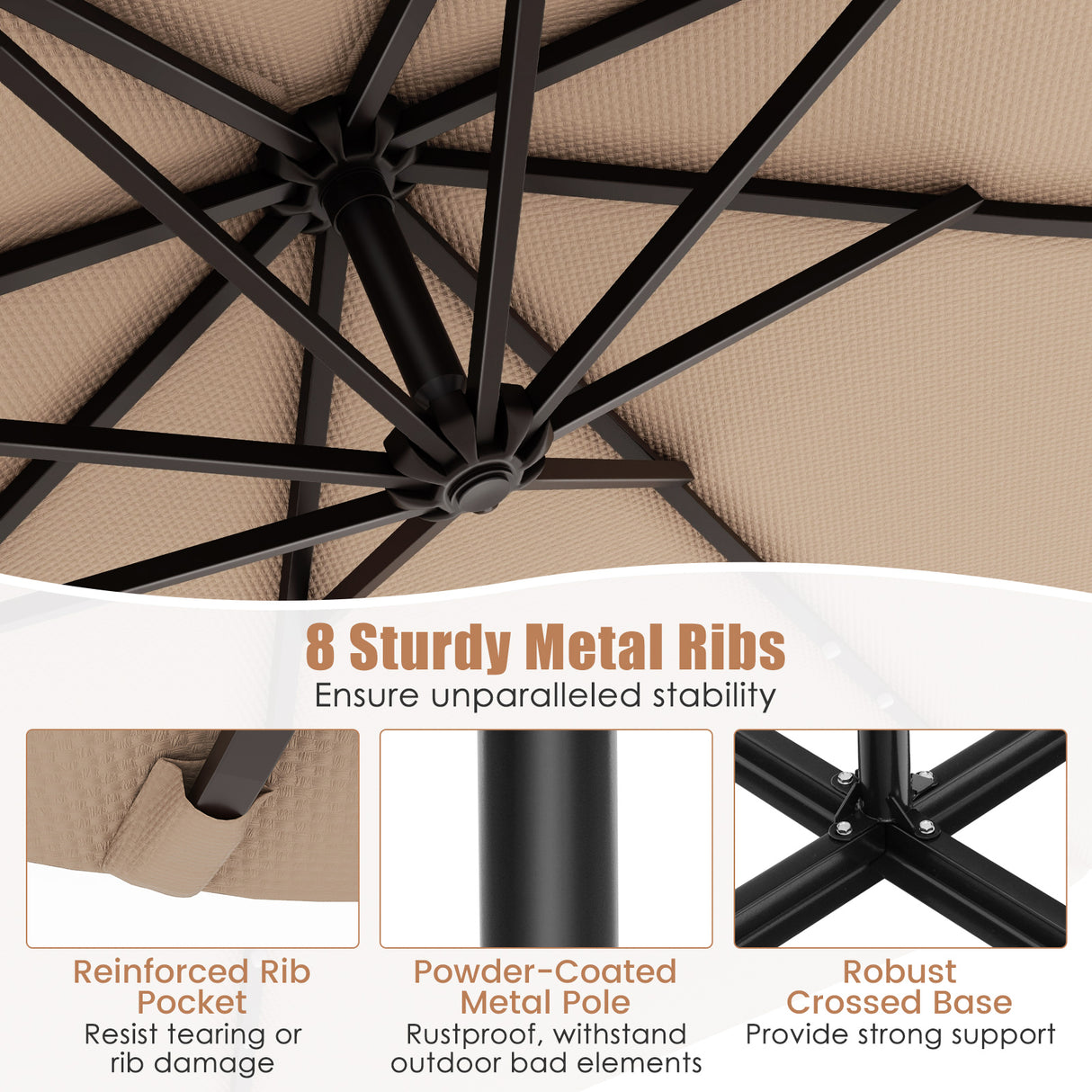 10 Feet Solar Offset Hanging Umbrella with 40 Lamp Beads and Solar Panel-Beige