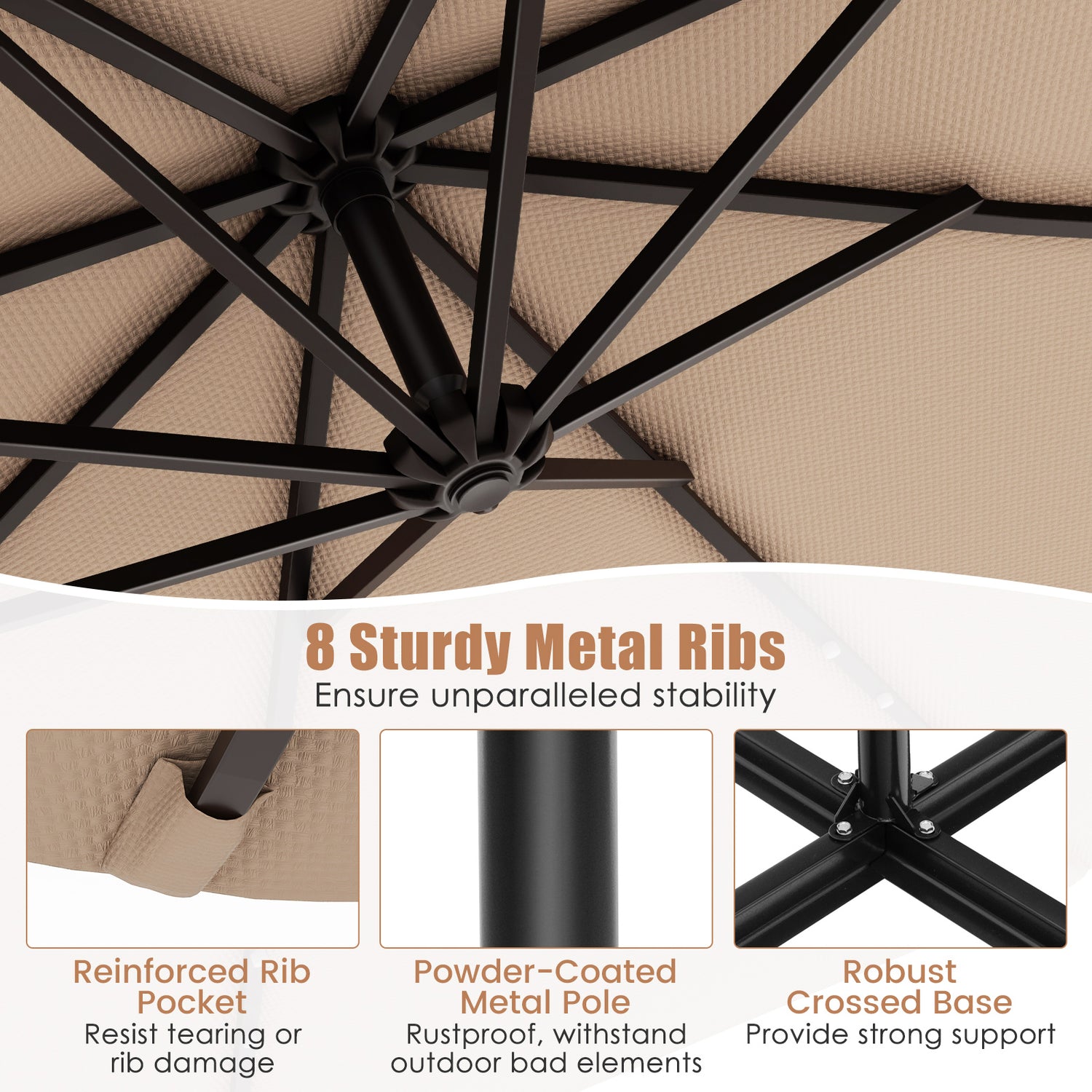 10 Feet Solar Offset Hanging Umbrella with 40 Lamp Beads and Solar Panel-Beige
