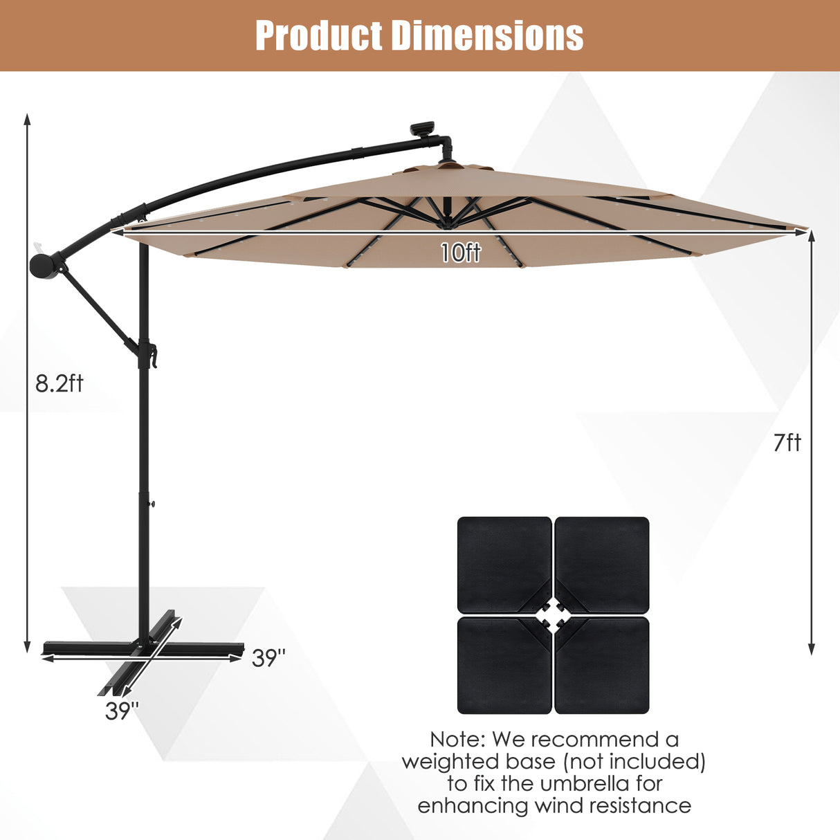 10 Feet Solar Offset Hanging Umbrella with 40 Lamp Beads and Solar Panel-Beige
