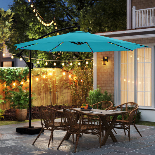 10 Feet Solar Offset Hanging Umbrella with Base and LED Lights-Turquoise