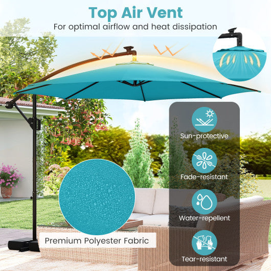 10 Feet Solar Offset Hanging Umbrella with Base and LED Lights-Turquoise