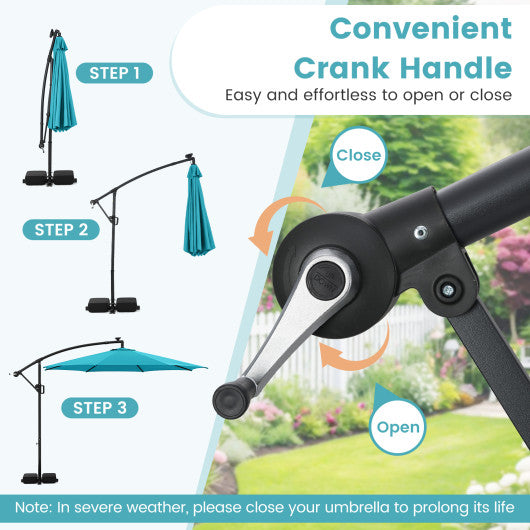 10 Feet Solar Offset Hanging Umbrella with Base and LED Lights-Turquoise