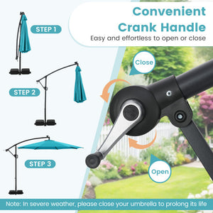 10 Feet Solar Offset Hanging Umbrella with Base and LED Lights-Turquoise