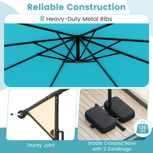 10 Feet Solar Offset Hanging Umbrella with Base and LED Lights-Turquoise