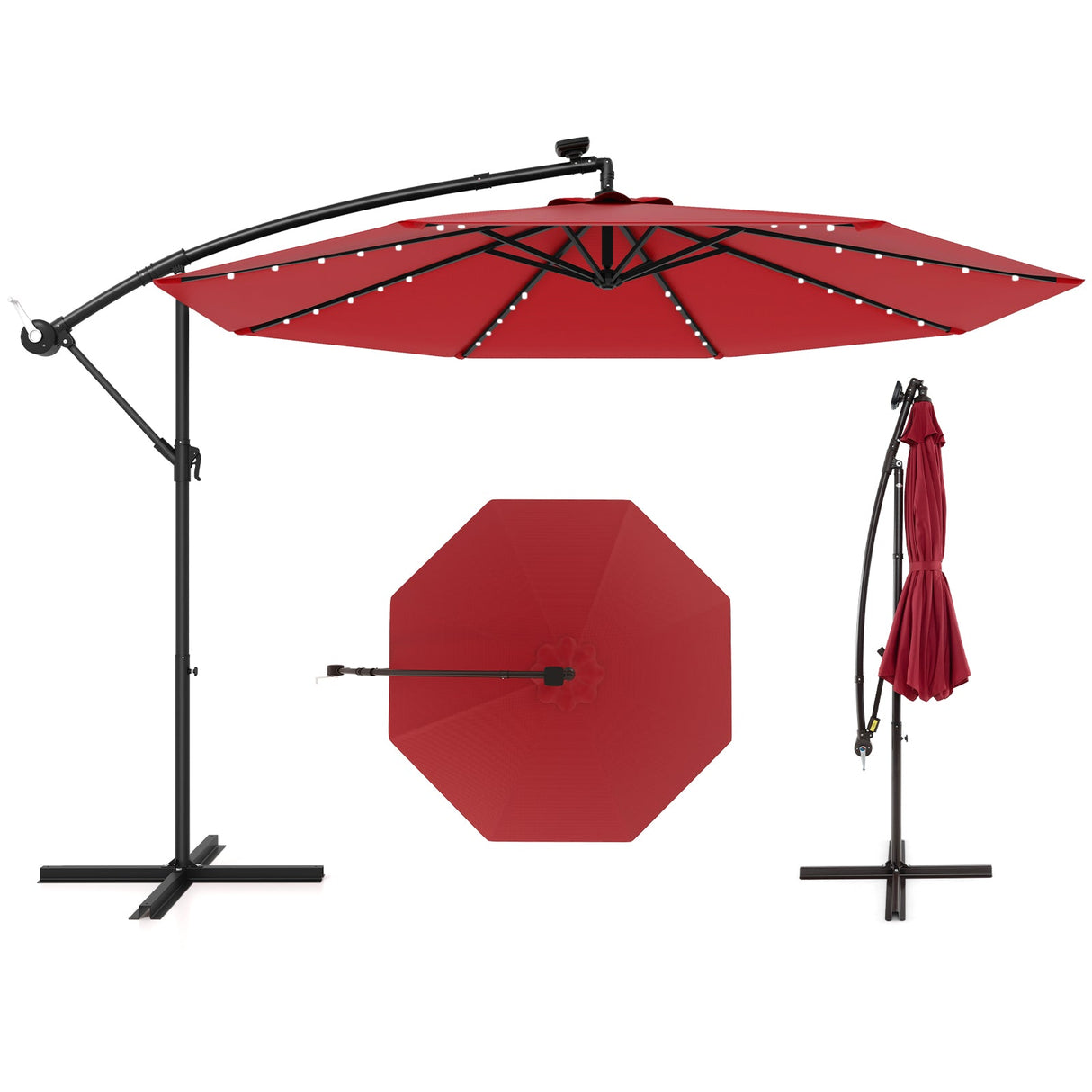 10 Feet Solar Offset Hanging Umbrella with 40 Lamp Beads and Solar Panel-Wine by DirectDeals