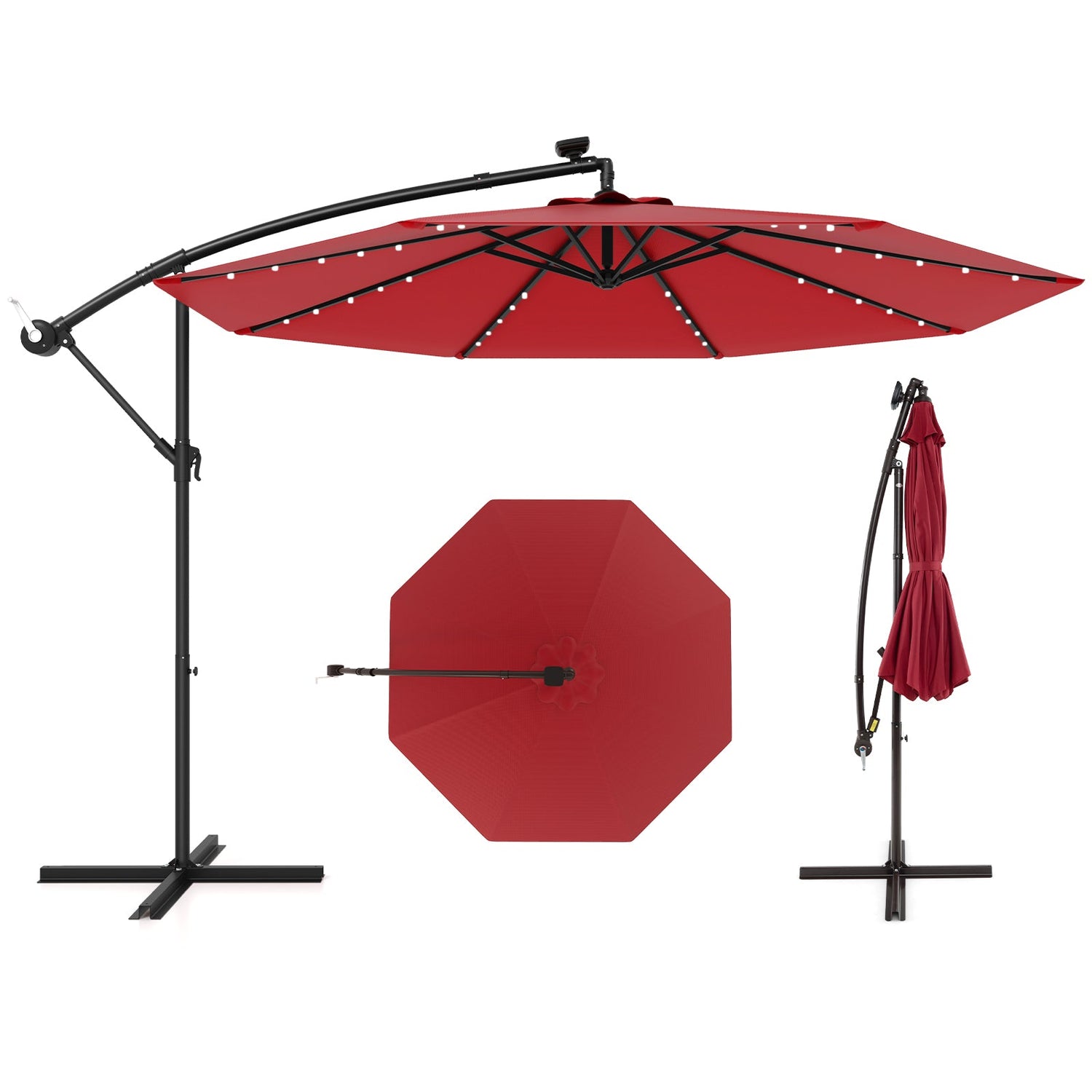 10 Feet Solar Offset Hanging Umbrella with 40 Lamp Beads and Solar Panel-Wine by DirectDeals
