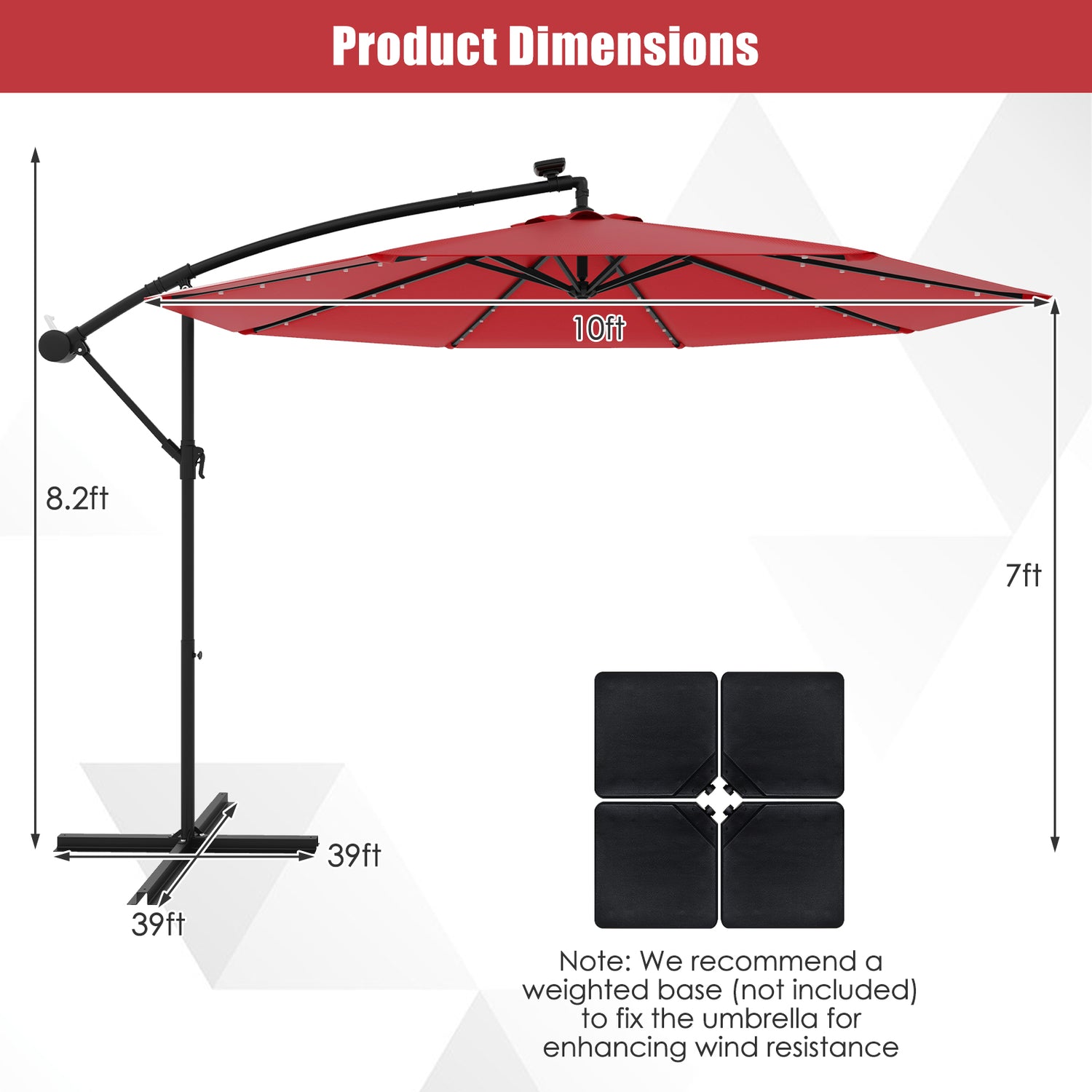 10 Feet Solar Offset Hanging Umbrella with 40 Lamp Beads and Solar Panel-Beige