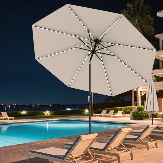 10 Feet Solar Patio Umbrella with 96 Multi-Colored Flowing LED Lights and Tilt Adjustment-Beige