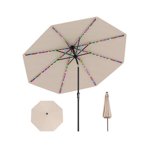 10 Feet Solar Patio Umbrella with 96 Multi-Colored Flowing LED Lights and Tilt Adjustment-Beige