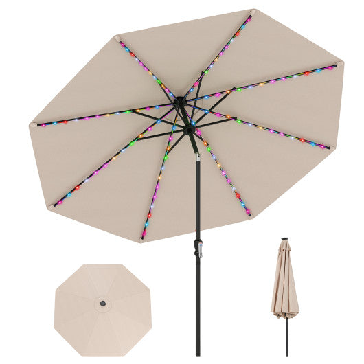 10 Feet Solar Patio Umbrella with 96 Multi-Colored Flowing LED Lights and Tilt Adjustment-Beige