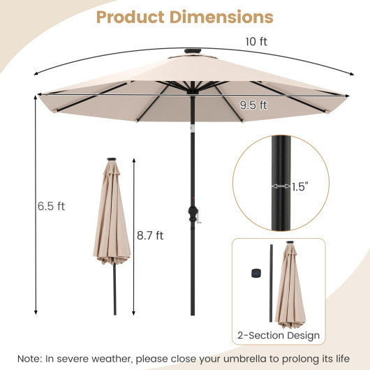 10 Feet Solar Patio Umbrella with 96 Multi-Colored Flowing LED Lights and Tilt Adjustment-Beige