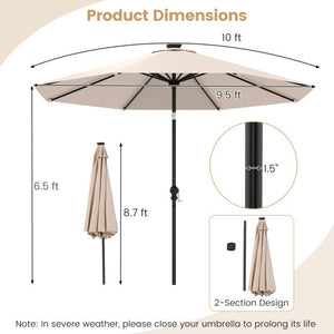 10 Feet Solar Patio Umbrella with 96 Multi-Colored Flowing LED Lights and Tilt Adjustment-Beige