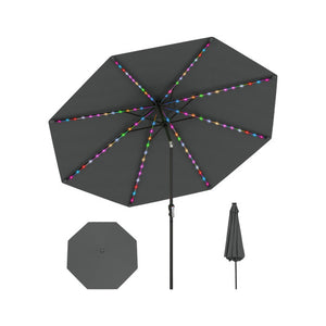 10 Feet Solar Patio Umbrella with 96 Multi-Colored Flowing LED Lights and Tilt Adjustment-Gray