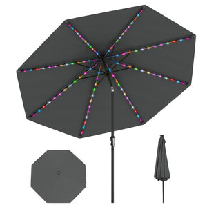 10 Feet Solar Patio Umbrella with 96 Multi-Colored Flowing LED Lights and Tilt Adjustment-Gray