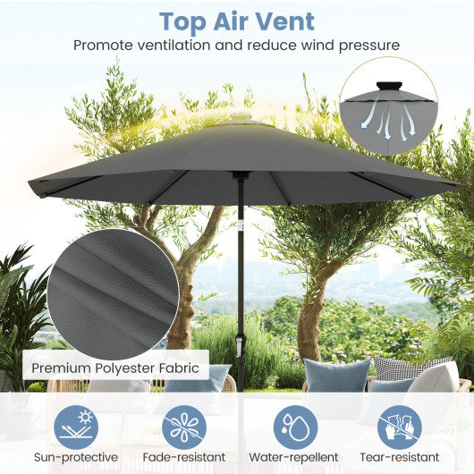 10 Feet Solar Patio Umbrella with 96 Multi-Colored Flowing LED Lights and Tilt Adjustment-Gray