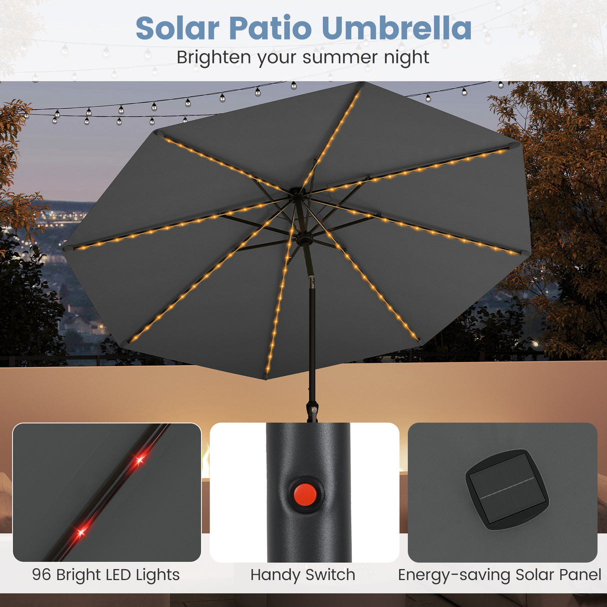 10 Feet Solar Patio Umbrella with 96 Multi-Colored Flowing LED Lights and Tilt Adjustment-Gray