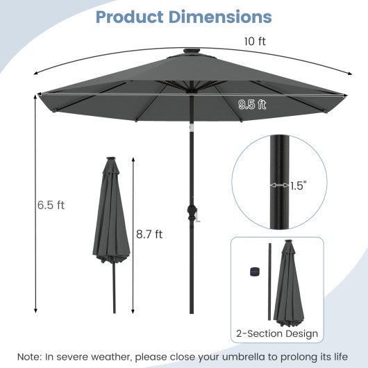 10 Feet Solar Patio Umbrella with 96 Multi-Colored Flowing LED Lights and Tilt Adjustment-Gray