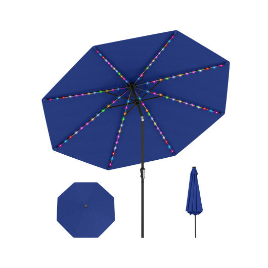 10 Feet Solar Patio Umbrella with 96 Multi-Colored Flowing LED Lights and Tilt Adjustment-Navy