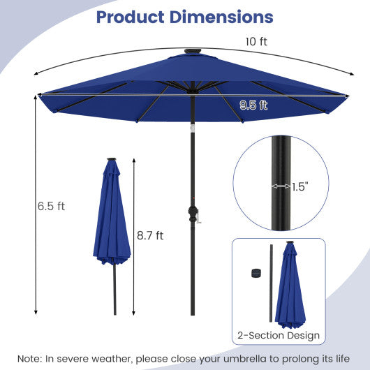 10 Feet Solar Patio Umbrella with 96 Multi-Colored Flowing LED Lights and Tilt Adjustment-Navy