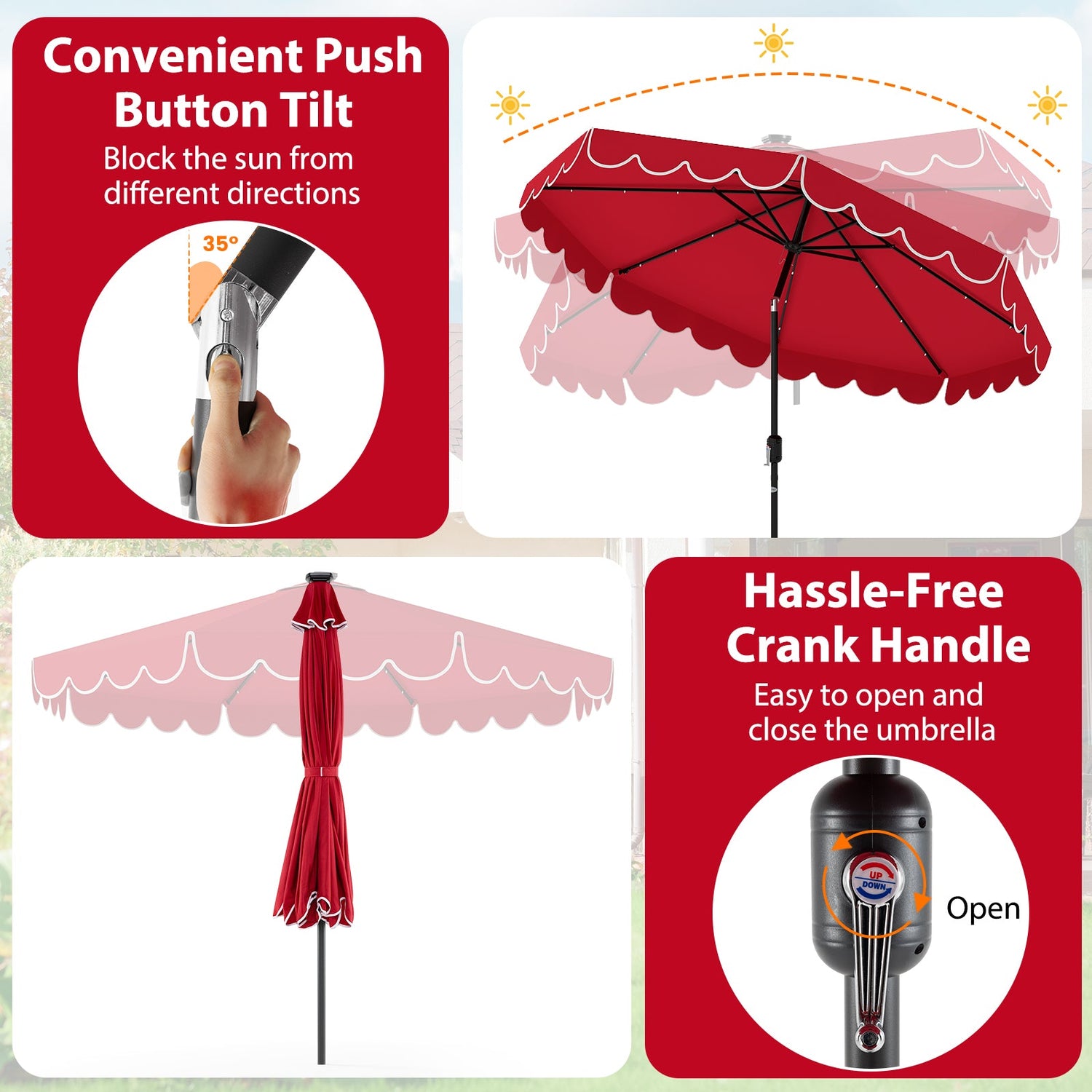 10 Feet Solar Patio Umbrella with 24 LED Lights-Red by DirectDeals