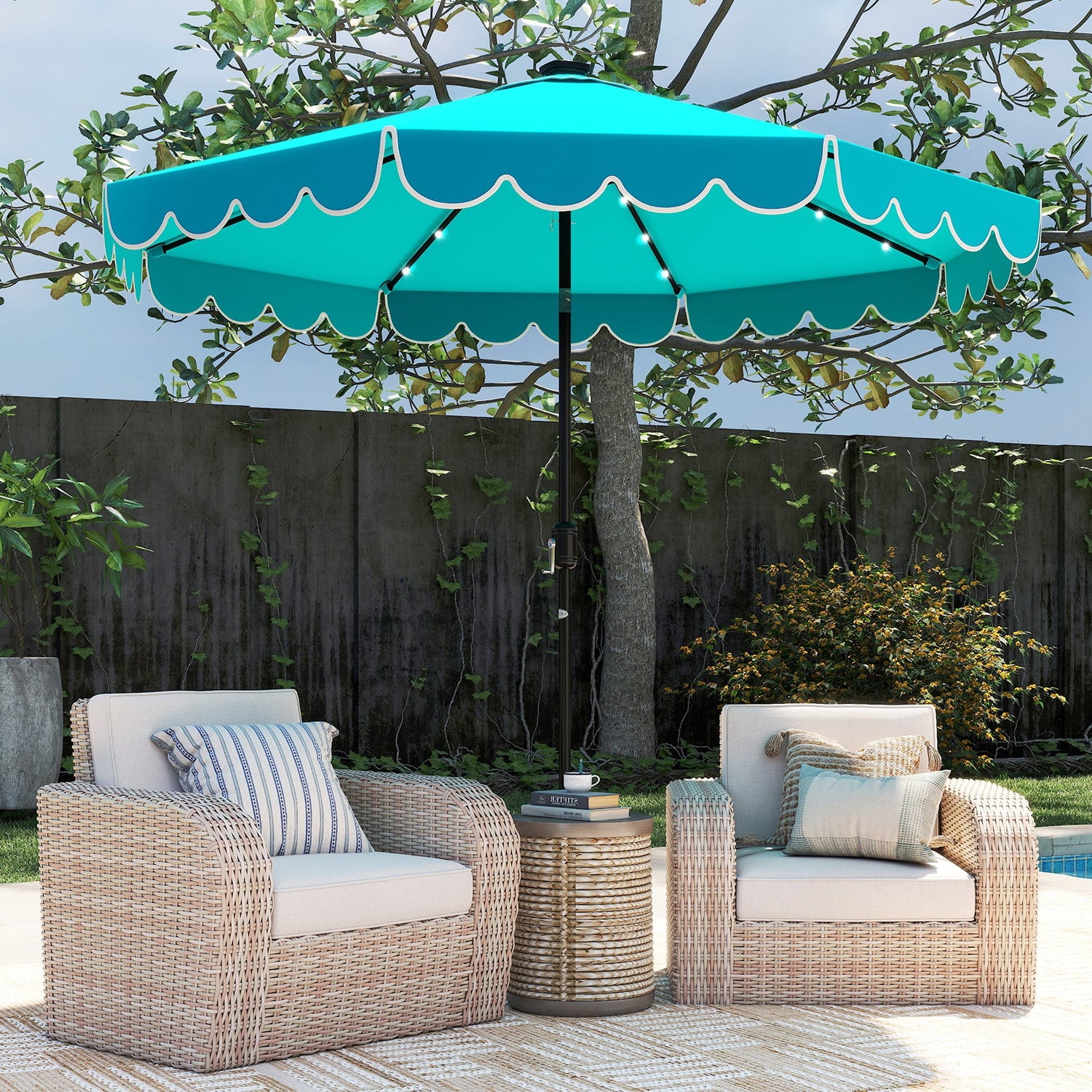10 Feet Solar Patio Umbrella with 24 LED Lights-Turquoise by DirectDeals