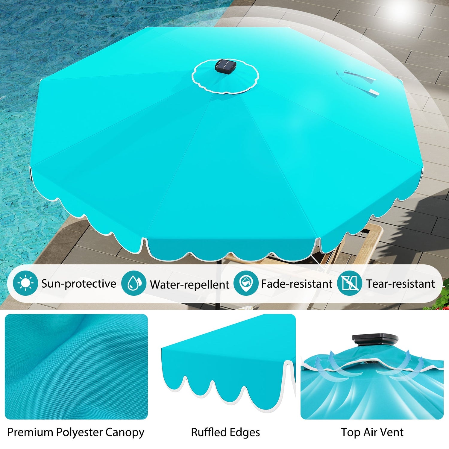 10 Feet Solar Patio Umbrella with 24 LED Lights-Turquoise by DirectDeals