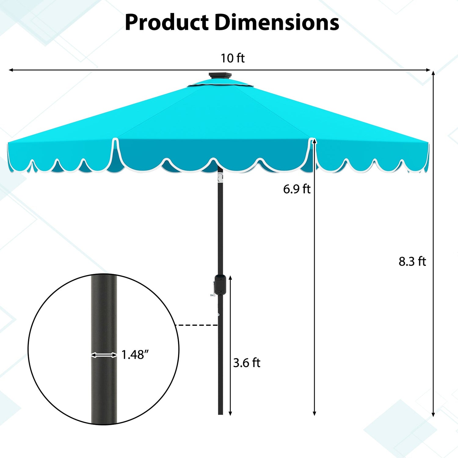 10 Feet Solar Patio Umbrella with 24 LED Lights-Turquoise by DirectDeals