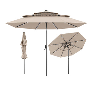 10 Feet Solar Patio Umbrella with 32 LED Lights 3-Tier Vented Top-Beige by DirectDeals