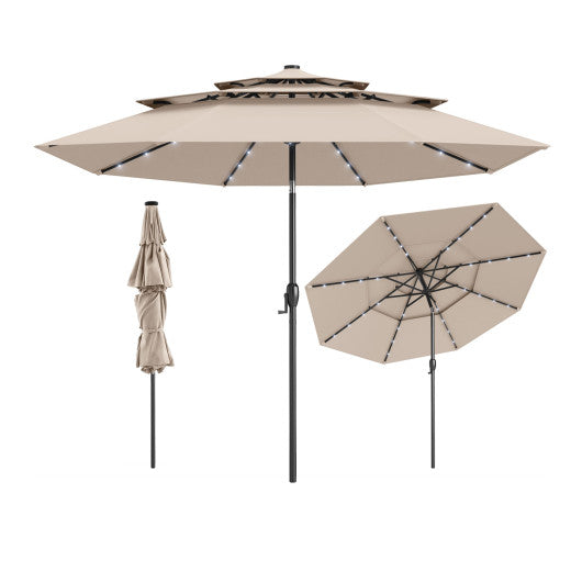 10 Feet Solar Patio Umbrella with 32 LED Lights 3-Tier Vented Top-Beige