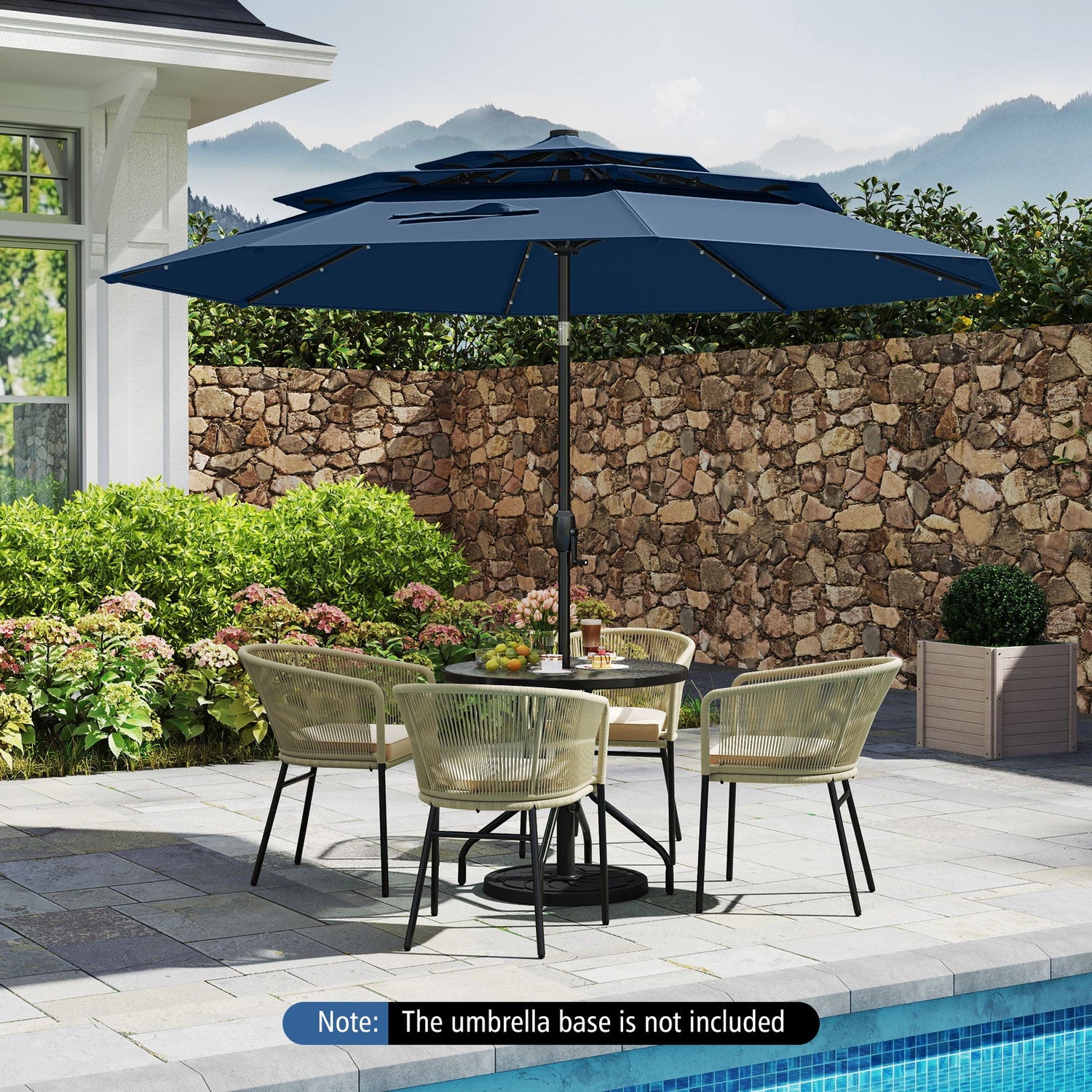 10 Feet Solar Patio Umbrella with 32 LED Lights 3-Tier Vented Top-Navy by DirectDeals