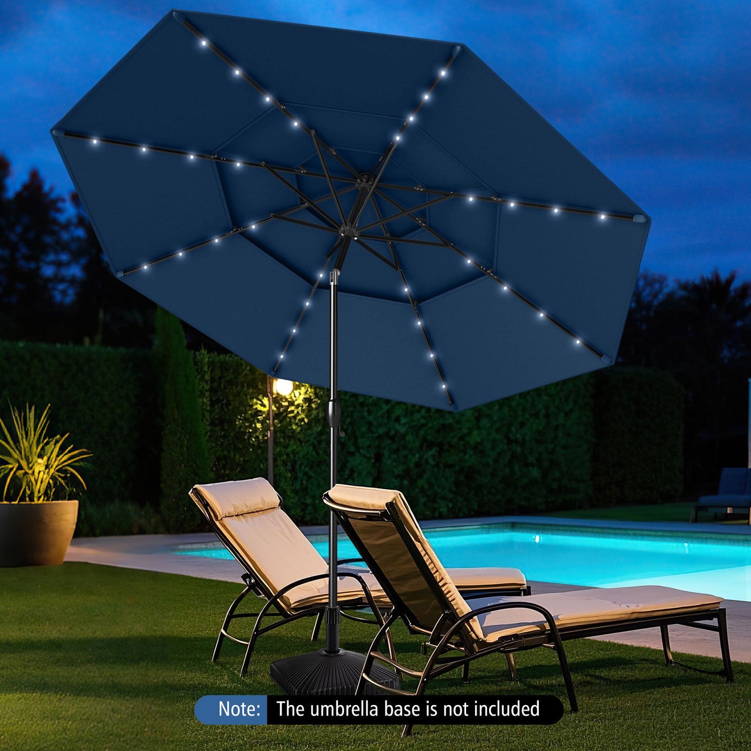 10 Feet Solar Patio Umbrella with 32 LED Lights 3-Tier Vented Top-Navy by DirectDeals