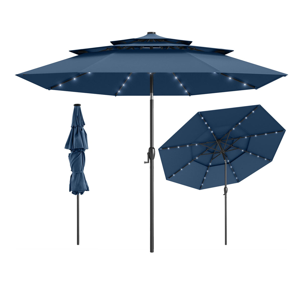 10 Feet Solar Patio Umbrella with 32 LED Lights 3-Tier Vented Top-Navy by DirectDeals